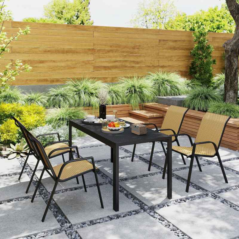 Outsunny Stackable Outdoor Chairs Set of 4, Rattan Garden Chairs with Armrests and Backrest for Deck, Khaki