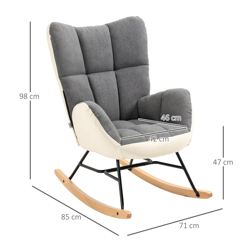 HOMCOM Rocking Chair for Nursery, Upholstered Wingback Armchair with Steel and Wood Legs for Living Room, Bedroom, Balcony, Grey and Cream