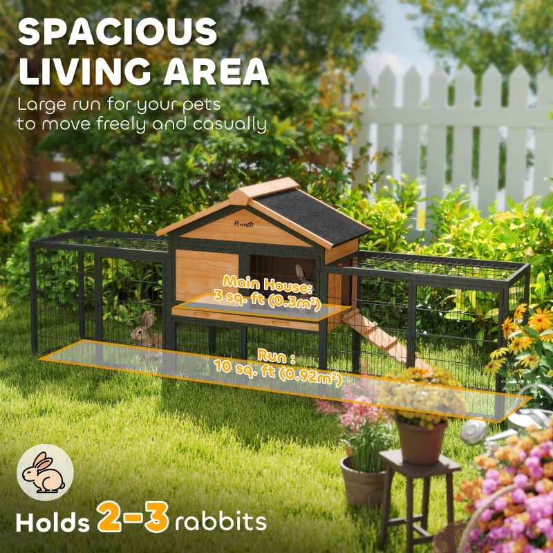 PawHut Rabbit Hutch Outdoor, Wooden Guinea Pig Hutch with Steel Run, Removable Leak Proof Tray, Water-Resistant Roof, Ramp, Small Animal House for 2-3 Bunnies, Guinea Pigs, 217 x 53 x 86 cm