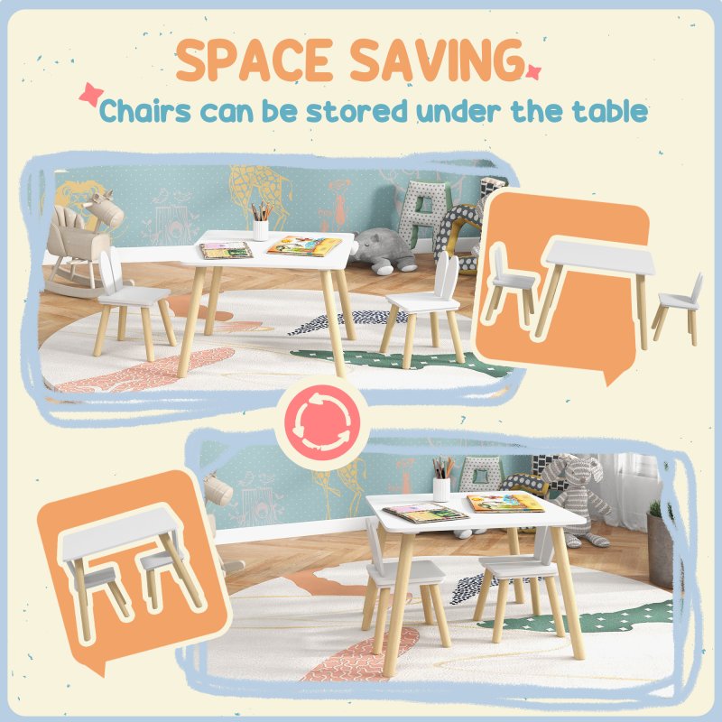 AIYAPLAY 3 Pieces Toddler Table and Chair Set, Kids Desk and 2 Chairs Set with Cute Bunny Ear Backrest, Wooden Legs, for Nursery, Playroom, Classroom - White