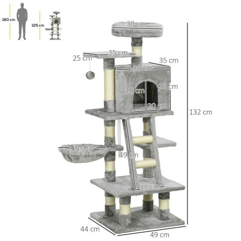PawHut 132cm Cat Tree for Large Cats, Cat Activity Centre with Scratching Posts, Hammock, Cat House, Bed, Perches, Ladder, for Indoor Use - Grey