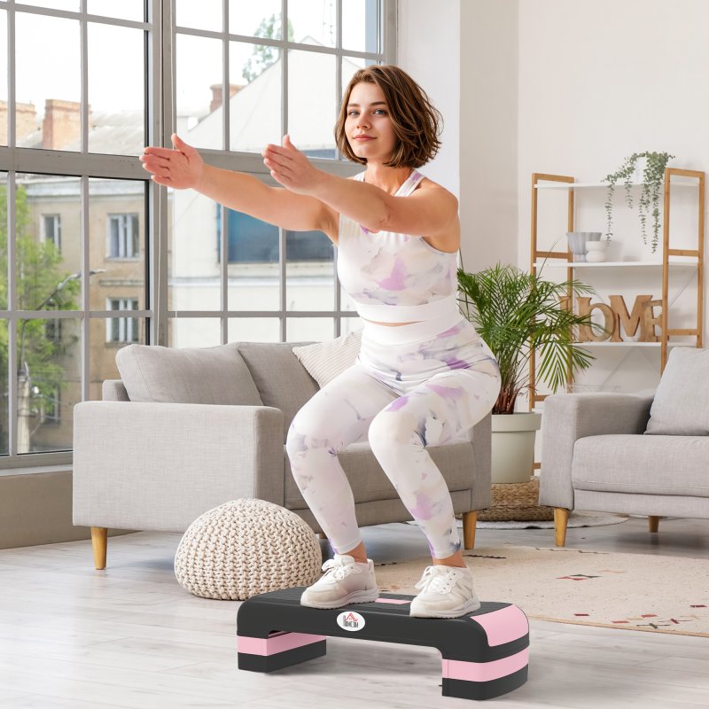 HOMCOM Aerobic Step, 10cm, 15cm & 20cm Height Adjustable Exercise Stepper for Exercise Workout, Nonslip Step Board Great for Home & Office, Black and Pink