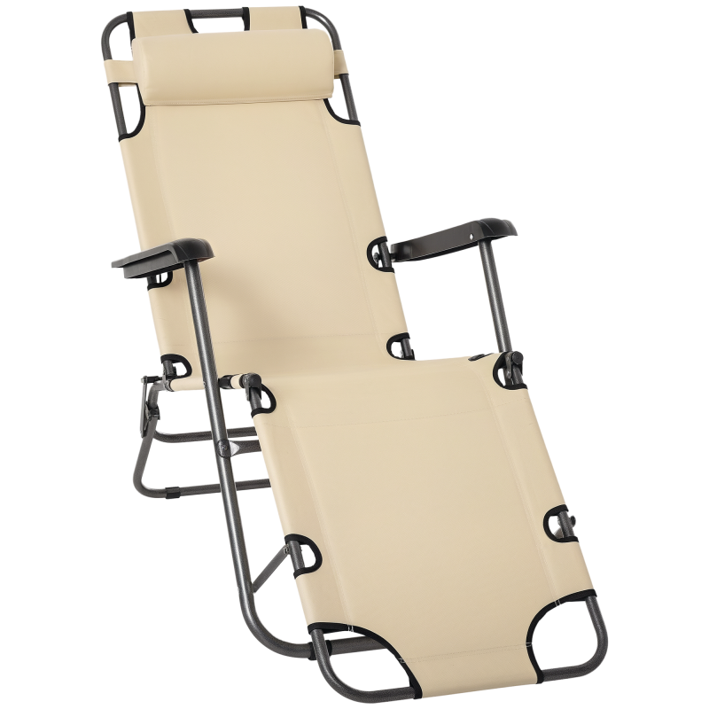 Outsunny 2 in 1 Folding Sun Lounger Reclining Garden Chair with 2-Level Adjustable Backrest, Outdoor Zero Gravity Recliner Garden Chair with Head Pillow and Armrests, Beige