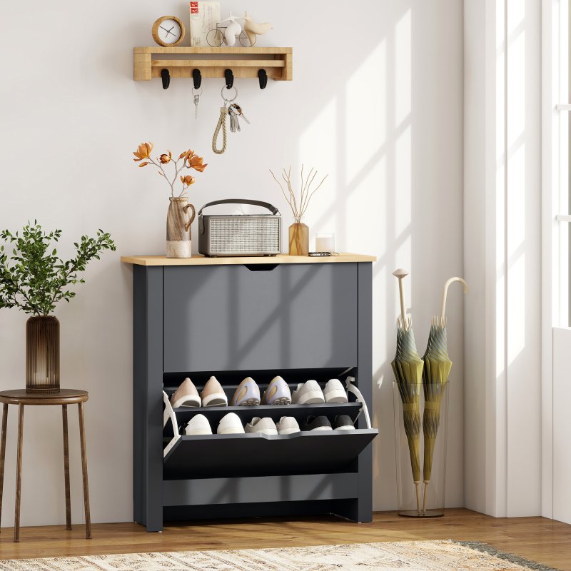 HOMCOM Narrow Shoe Cabinet, Space Saving Shoe Storage Cabinet with 2 Flip Drawers and Adjustable Shelves for 6-12 Pairs of Shoes for Hallways and Living Room, Charcoal Grey