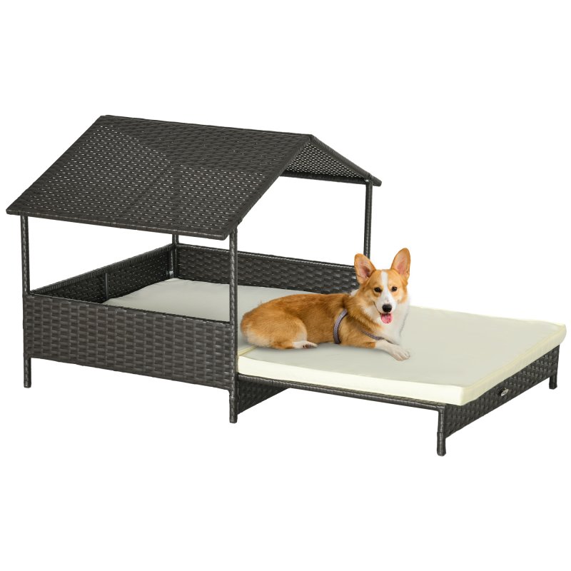 PawHut Rattan Dog House, Extendable Outdoor Wicker Dog Bed w/ Water-Resistant Roof, Removable Cushion, for Small and Medium Dogs - Cream White
