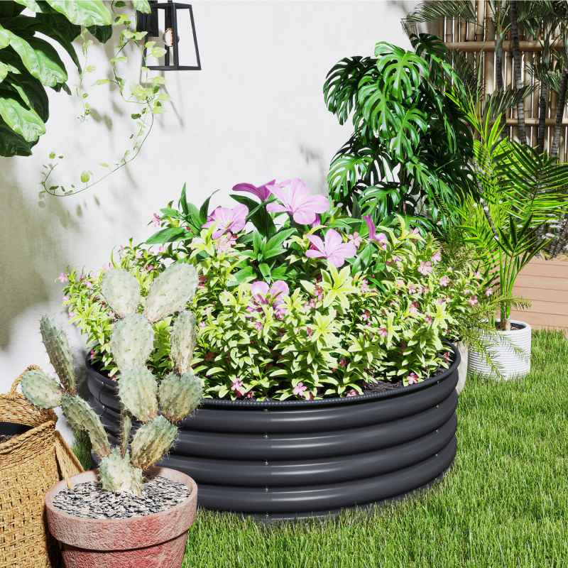 Outsunny Galvanised Raised Garden Bed with Safety Edging, Outdoor Raised Planter Box with Gloves and Open Bottom, Metal Raised Bed for Flowers, Vegetables and Herbs, 120 x 120 x 43cm, Dark Grey