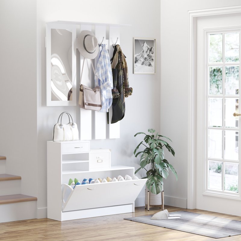 HOMCOM 2PC Shoes Storage Chest Cloths Rack Unit w/Mirror Multiple Shelves Large Storage Capacity Shoes Cabinet 6 Hooks Cloth Rack