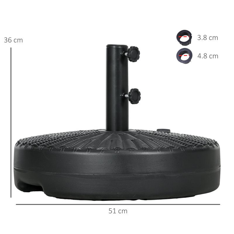 Outsunny Garden Parasol Base with Rattan Effect, 22kg Water or 29kg Sand Filled, Heavy Duty HDPE Umbrella Stand, Fillable Parasol Stand for 38mm, 48mm Poles, Black