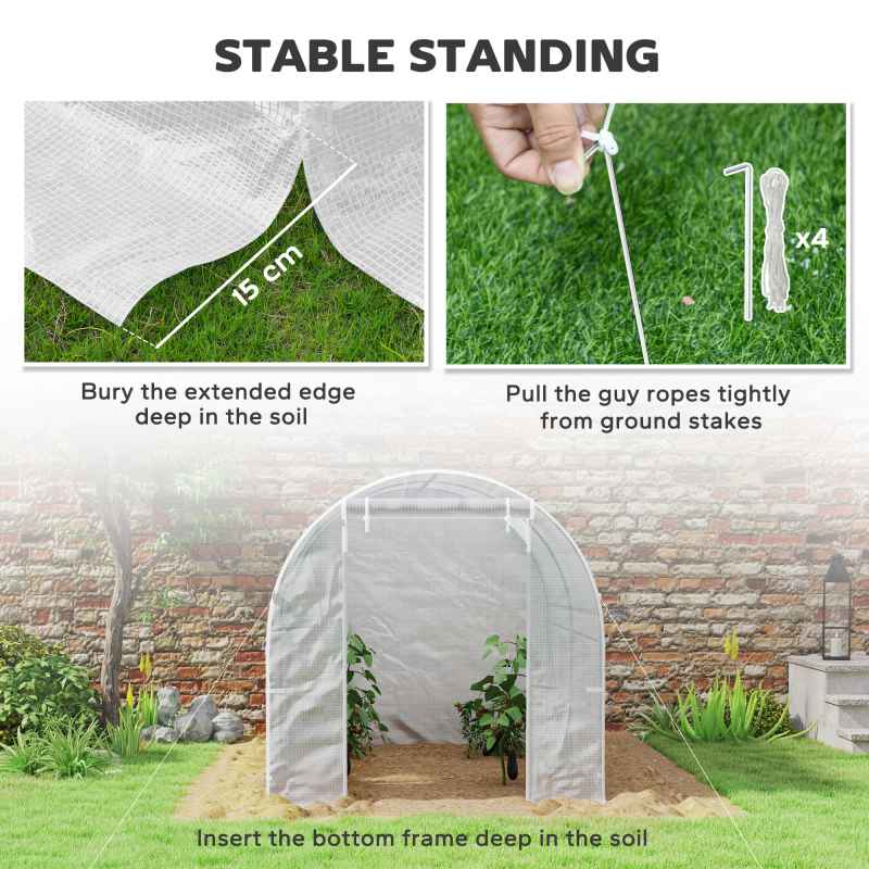 Outsunny Reinforced Walk In Polytunnel Greenhouse with Roll Up Door, Galvanised Steel Frame and Zipped Door Windows (2 x 2.5m), White