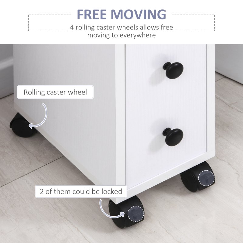 kleankin Slimline Bathroom Storage Unit w/ 2 Drawers 2 Open Compartments Wheels Handles Freestanding Compact Home Office Furniture 