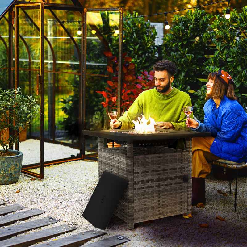 Outsunny Outdoor Rattan Gas Fire Pit Table, 50,000 BTU Square Garden Table with Fire Pit, Rain Cover, Wind Guard, Pulse-Ignition and Volcanic Rock, 72.5 x 72.5 x 67.5 cm, Grey