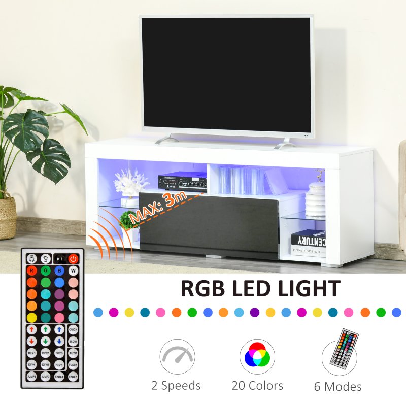 HOMCOM TV Unit, LED TV Stand Cabinet, High Gloss TV Table with Lights and Storage Shelf for 55 inch TVs for Living Room, Bedroom, Black and White