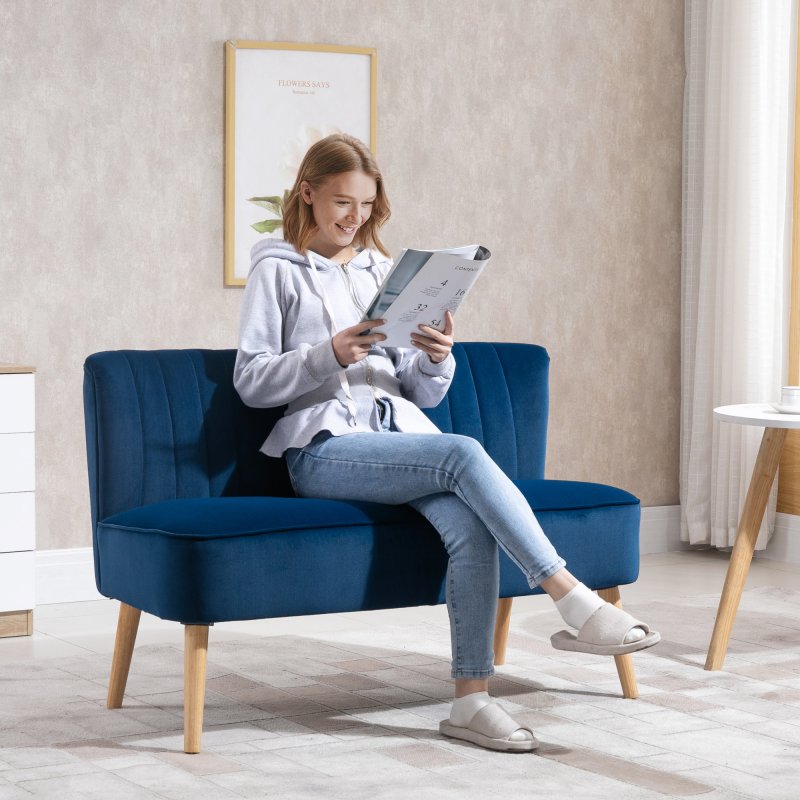 HOMCOM Modern Velvet Double Seat Sofa w/ Wood Frame Foam Padding High Back Soft Comfortable Compact Couch Home Office Stylish Plush Touch Blue