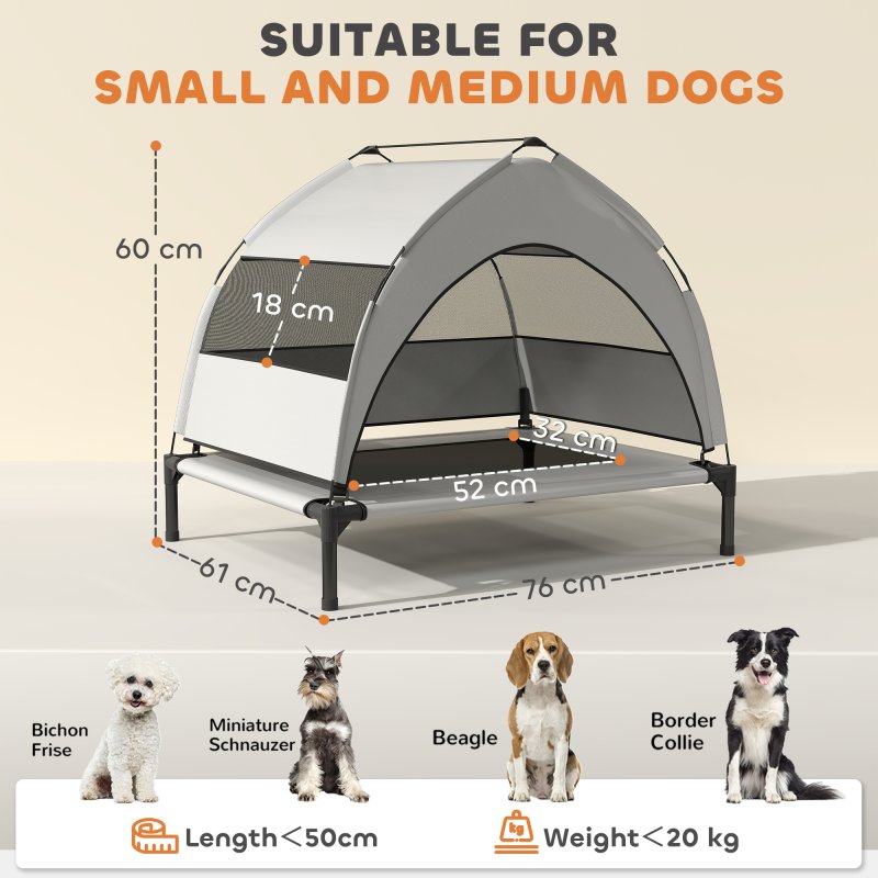 PawHut Elevated Dog Bed with Removable Canopy, Portable Cooling Raised Pet Cot with Breathable Mesh, Storage Bag, for Indoor Outdoor Use, for Small Medium Dogs, 76 x 61 x 70 cm, Light Grey