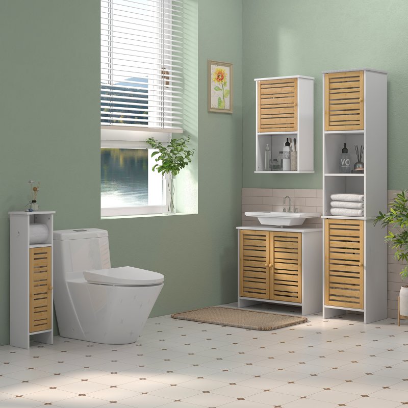 HOMCOM Bathroom Cabinet with Toilet Paper Holder, Slim Bathroom Floor Storage Cabinet Unit with Adjustable Shelf, Toilet Paper Stand, 78cm Tall, White