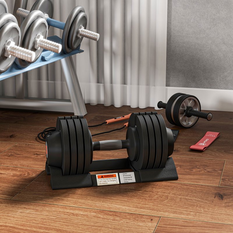 SPORTNOW 20KG Single Adjustable Dumbbell, 4-in-1 Weights with Storage Tray and Non-Slip Handle, Home Gym Fitness Equipment, Black
