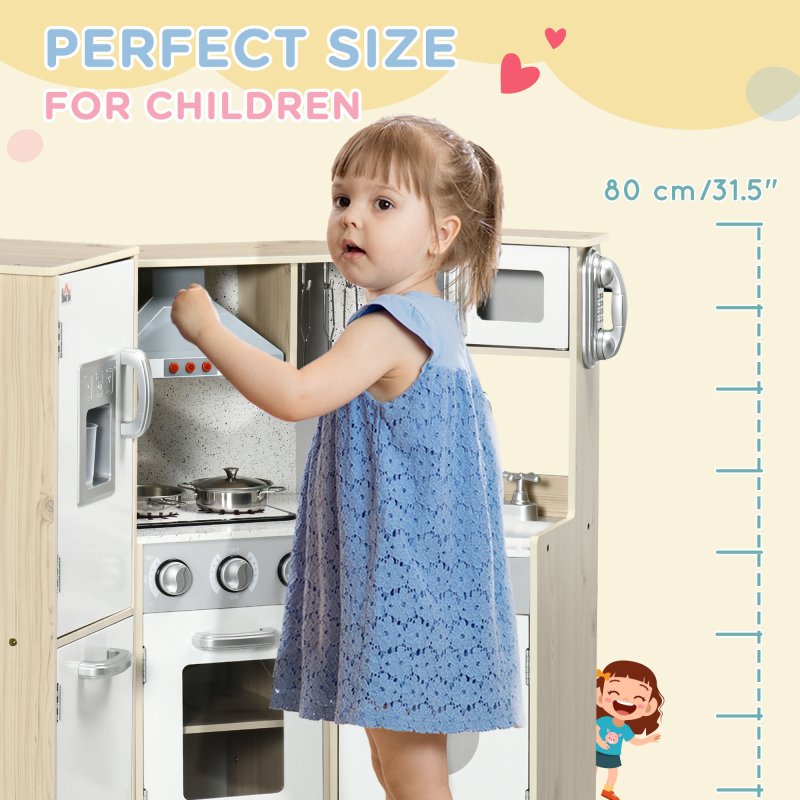 HOMCOM Kids Kitchen Playset Pretend Toy Kitchen w/ Role Play Accessories, Sound and Light Effects, Phone, Storage Space