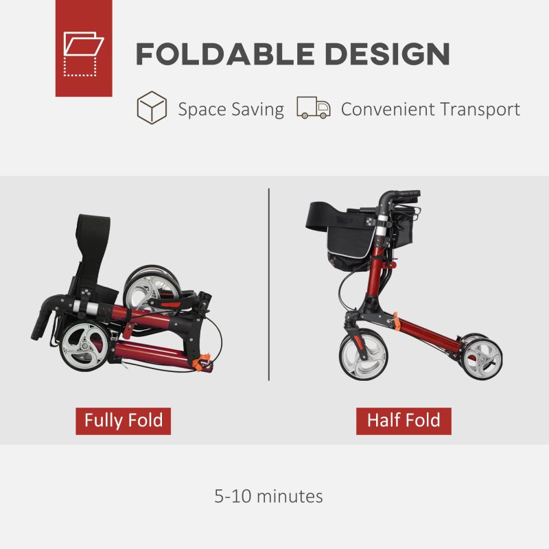 HOMCOM Folding Rollator Walker with Seat and Backrest, for Tall Over 6'9", Lightweight Walking Frame with Storage Bag, Dual Brakes, Adjustable Handle Height, Cane Holder, 4 Wheeled Walker for Seniors