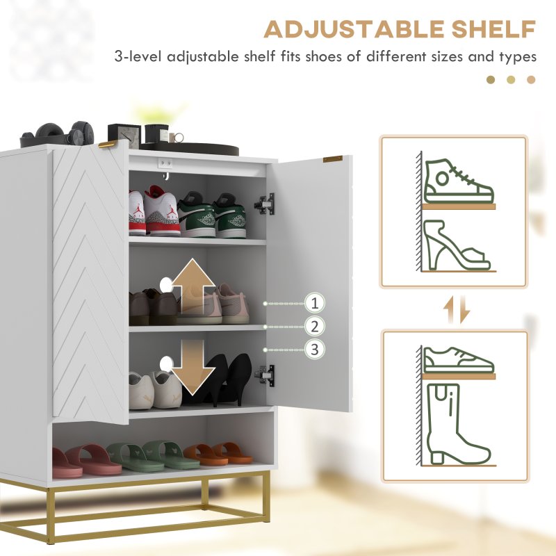 HOMCOM Shoe Cabinet, 12 Pairs Shoe Storage Cabinet with 2 Chevron Doors, Adjustable Shelf, Open Shelf and 6 Vents for Entryway, Hallway, White