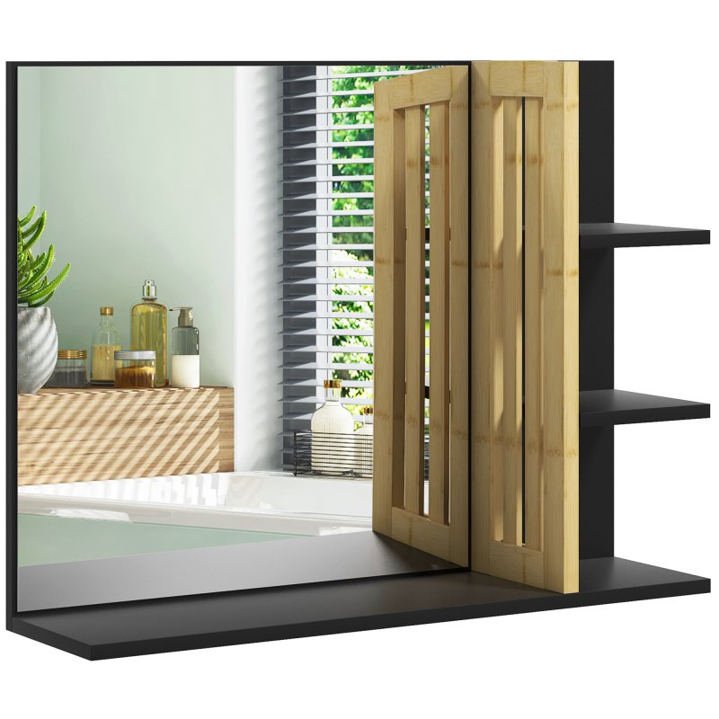 HOMCOM Modern Bathroom Mirror with Shelf, Wall-mounted Vanity Mirror with 4 Storage Shelves and Bamboo Panel for Make Up