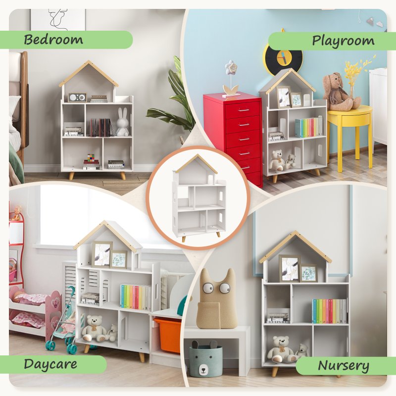 ZONEKIZ Toy Storage Shelf, 3 Tier Children Bookcase, Kids Bookshelf with Six Cubes, for Playroom, Nursery, Bedroom, Kids Room - White