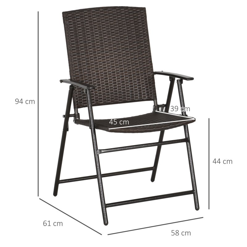 Outsunny Folding Garden Chairs Set of 4, PE Rattan Garden Dining Chairs with Armrests, High Back and Steel Frame, Weather Resistant Outdoor Dining Furniture for Patio, Balcony, Brown