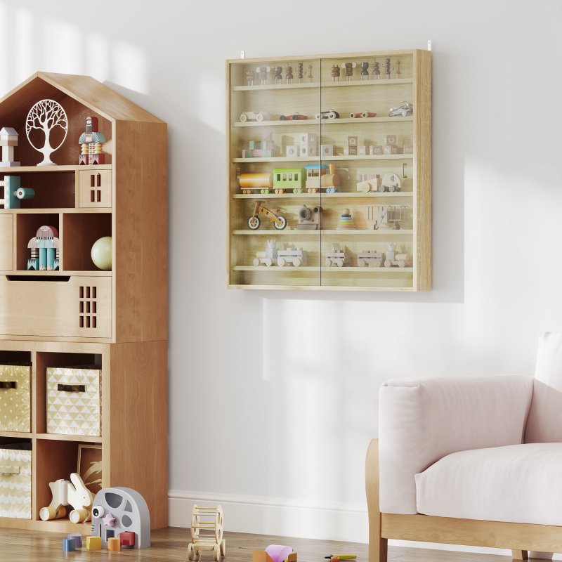 HOMCOM 7-Tier Wall Mounted Display Cabinet, Display Case with 6 Adjustable Shelves, Glass Doors for Home Office Ornaments 83x80cm, Oak