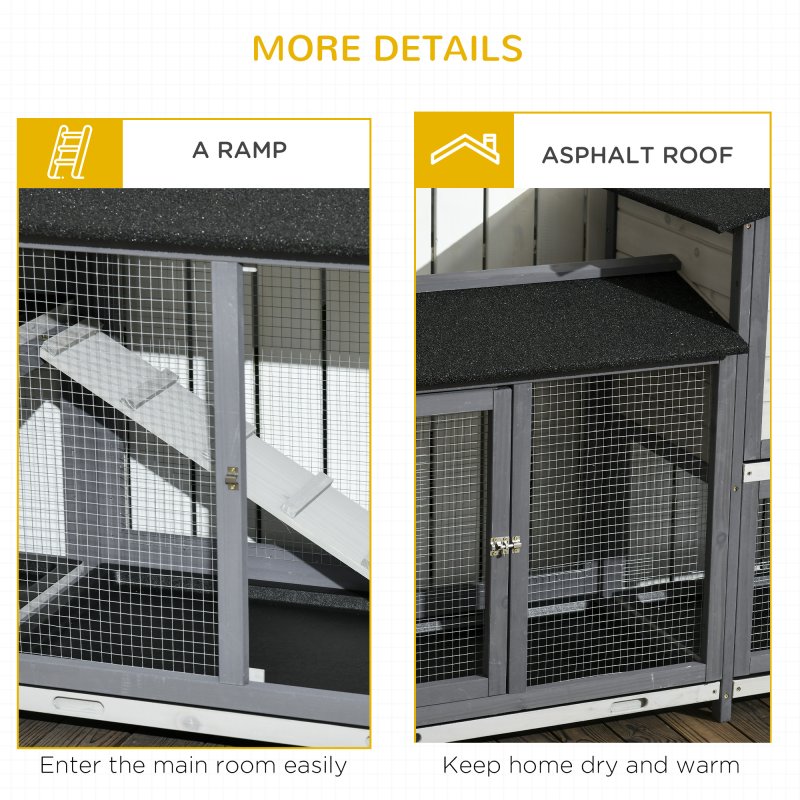 PawHut Large Rabbit Hutch Outdoor, 2-Tier Guinea Pig Hutch, Wooden Bunny Run, Small Animal House with Double Side Run Boxes, No-leak Plastic Tray, Ramp, 230 x 53 x 93.5cm, Light Grey