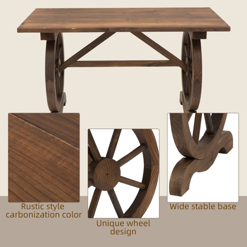 Outsunny Wooden Garden Dining Table, Wagon Wheel Outdoor Coffee Table with 3 cm Wood Top for Patio, Balcony, Terrace, 110 x 60 x 65 cm, Carbonised Finish