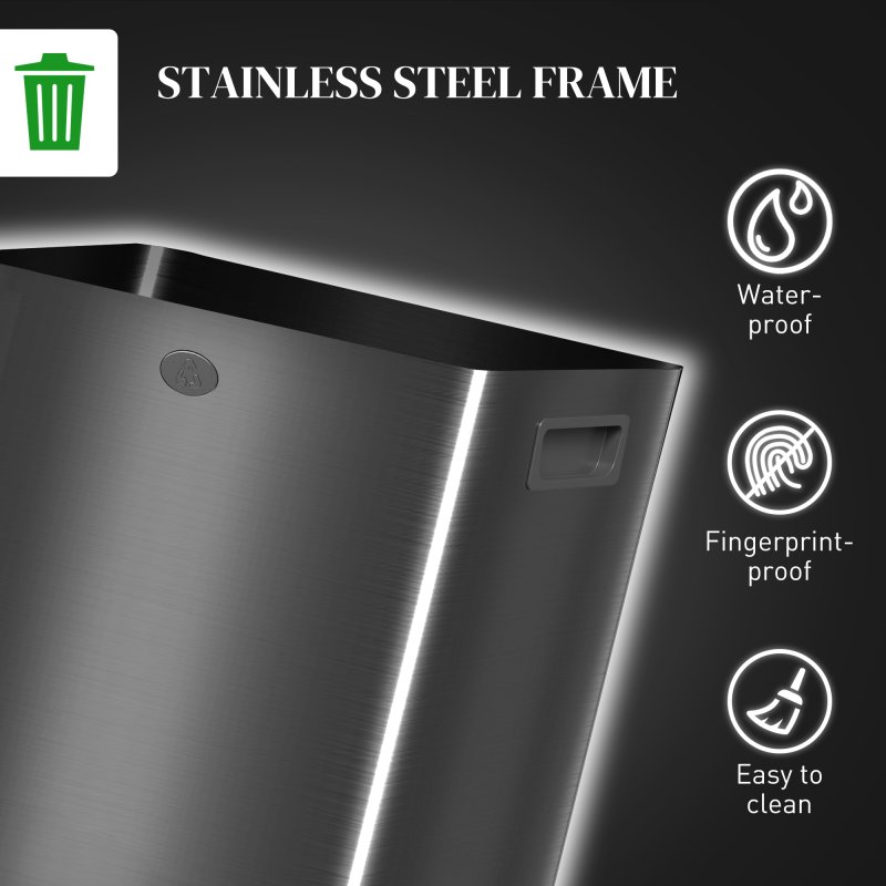 HOMCOM Dual Kitchen Bin, 2 x 20L Stainless Steel Double Rubbish Bin with Soft Close Lid, Removable Inner Buckets, Fingerprint-Proof for Recycling and Waste