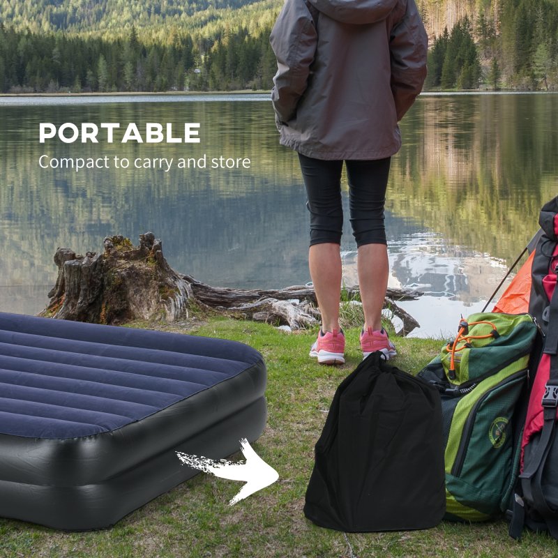Outsunny King Size Bed with Built-in Electric Pump and Integrated Pillow, Inflatable Mattress with Carry Bag, Flocked Surface, Blow Up Airbed for Guest, Camping, Travel, 203 x 152 x 46cm