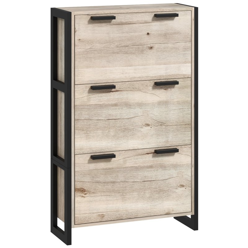 HOMCOM 3 Drawers Narrow Shoe Cabinet, 18 Pairs Shoe Storage Cupboard with 3 Flip Doors and Adjustable Shelves for Entryway, Hallway, Natural Wood-effect