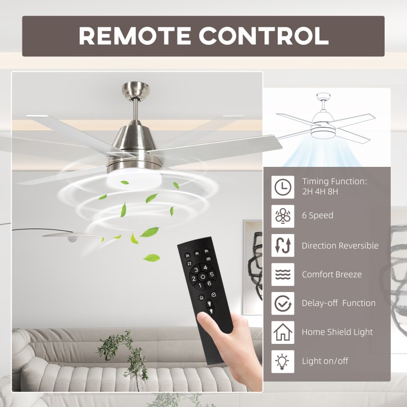 HOMCOM 50" Ceiling Fan with Lights and Remote, Quiet DC Motor Fans with 4 Reversible Blades, 6 Speeds and Timer for Bedroom, Living Room, Silver and Black