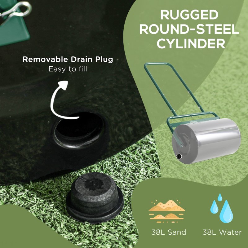 Outsunny Combination Push/Tow Lawn Roller Filled with 38L Sand (62kg) or Water, Great for the Garden 32 x 50cm Roller, Dark Green