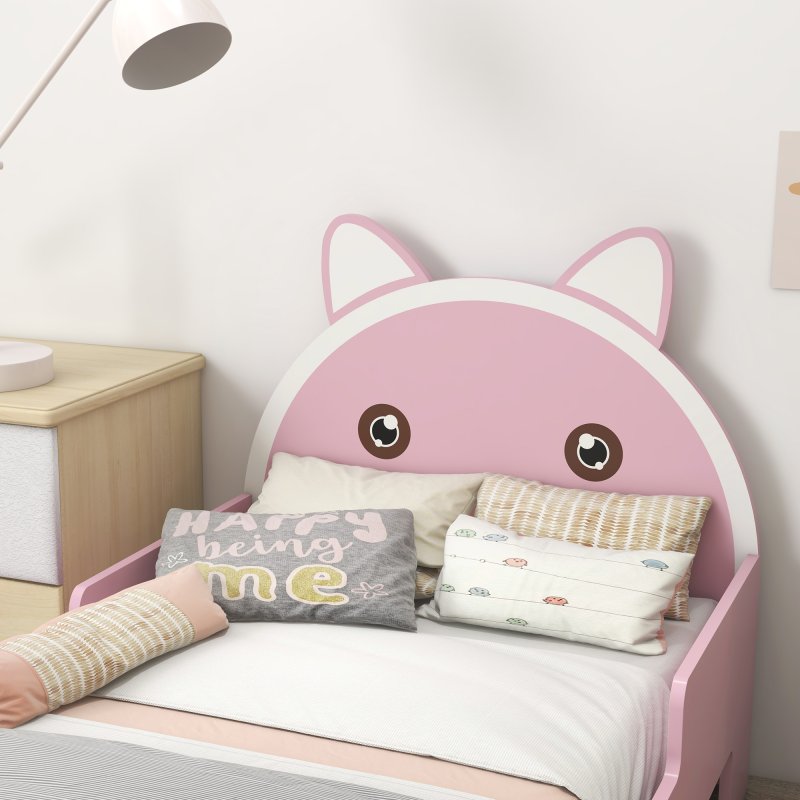 ZONEKIZ Toddler Bed Frame, Kids Bed Cat Design Princess Bed Bedroom Furniture with Guardrails, for 3-6 Years Old, 143L x 74W x 72Hcm - Pink