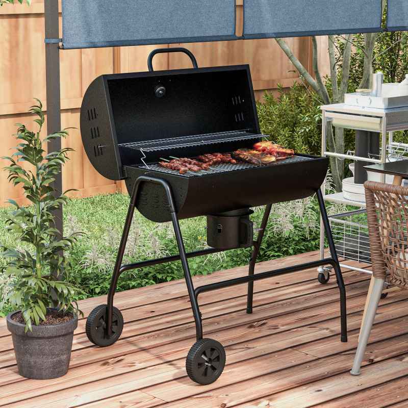 Outsunny Charcoal Barbecue Grill, Portable Barrel BBQ Trolley Smoker with Wheels, Ash Catcher and Thermometer for Outdoor Garden Party Cooking, Black