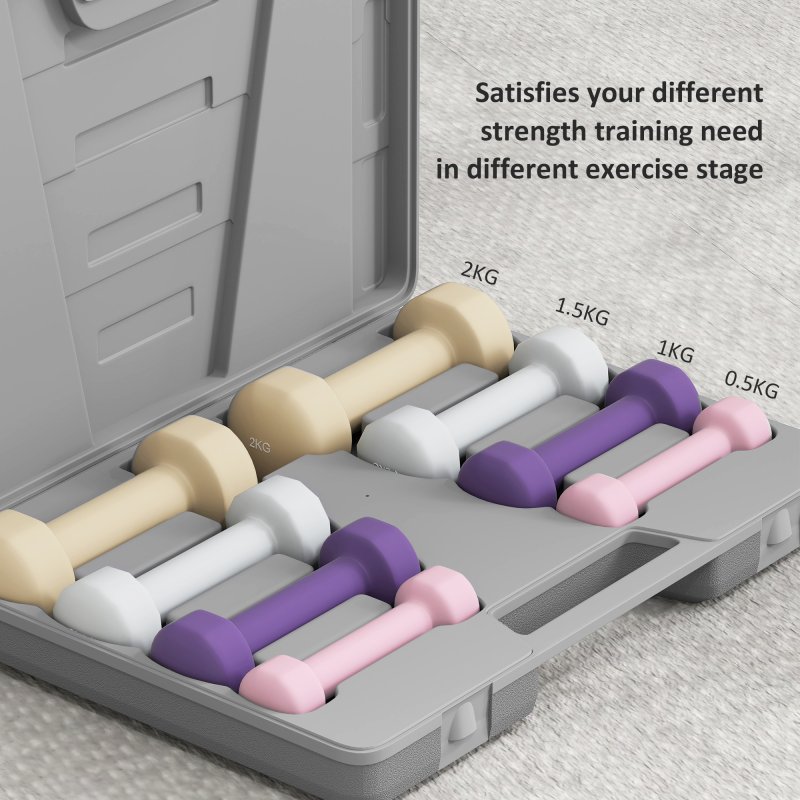 HOMCOM 10KG Dumbbells Set with Carry Case, Hand Weights for Women and Men Home Gym Weight Lifting Training, Pink, Purple, Grey, Brown