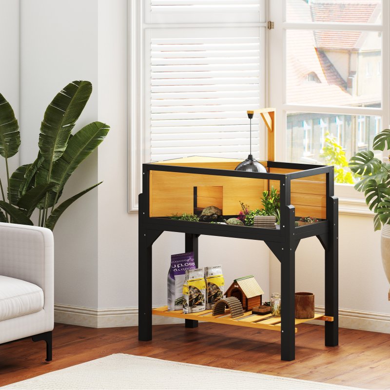 PawHut Wooden Tortoise House with Storage Shelf, Tortoise Enclosure Habitat with Clear Windows, Lamp Holder, Openable Top, Built-in Tray, for Indoor Use, Yellow