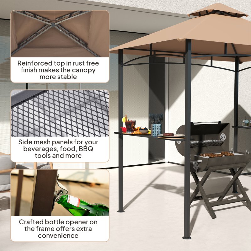 Outsunny 2.5x1.5m (8'x5') Grill Gazebo Canopy, Double Tiered Outdoor BBQ Gazebo Shelter with 2 Side Shelves for Garden, Patio, Barbecue, Picnic, Khaki