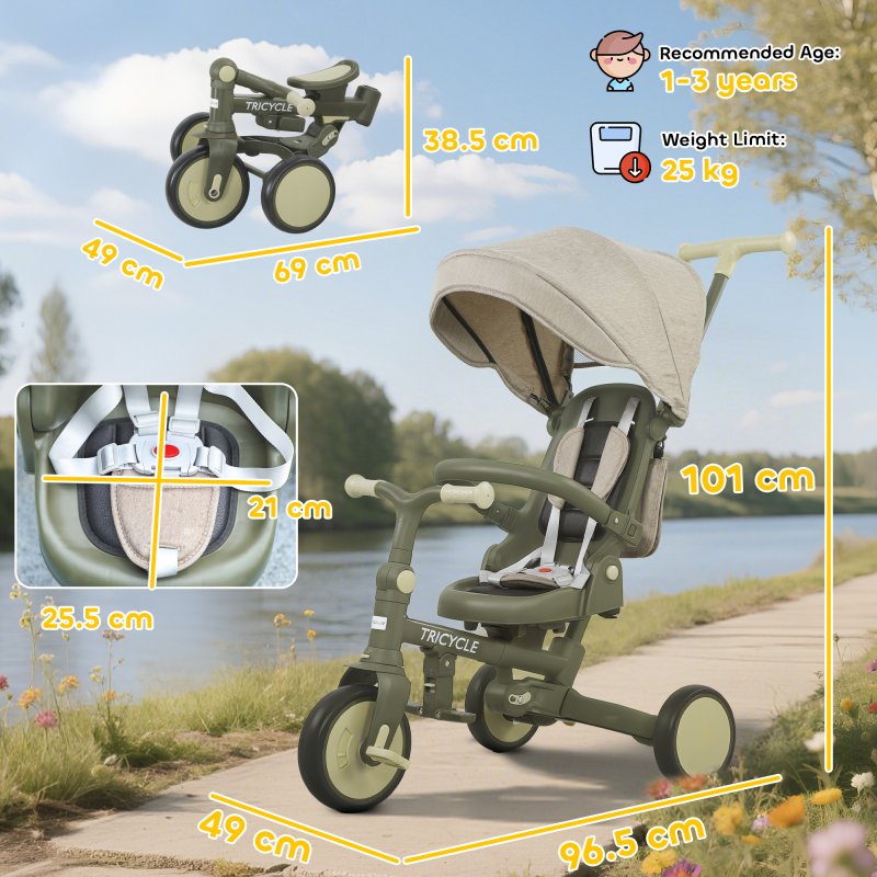AIYAPLAY Kids Trike, Foldable Toddler Tricycle 5 in 1 with Adjustable Parent Handle & Removable Canopy, 5-point Safety Harness, Footrest, Storage Bag, for Ages 1-3 Years, Dark Green