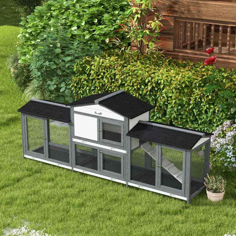 PawHut Large Rabbit Hutch Outdoor, 2-Tier Guinea Pig Hutch, Wooden Bunny Run, Small Animal House with Double Side Run Boxes, No-leak Plastic Tray, Ramp, 230 x 53 x 93.5cm, Light Grey