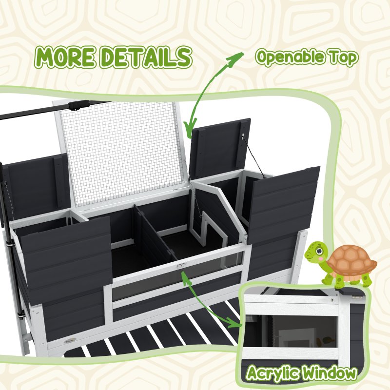 PawHut Tortoise House, Wooden Tortoise Enclosure with Adjustable Lamp Holder, Tortoise Table with Openable Lid, Dual Main Houses, Storage Shelf, Basking Area, Fixed Tray - Grey