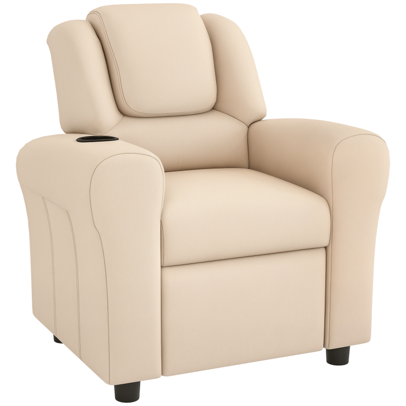 HOMCOM Kids Recliner, PU Leather Kids Armchair, Child Chair, Toddler Armchair with Adjustable Backrest, Footrest, Padded Headrest, Cup Holder, Beige