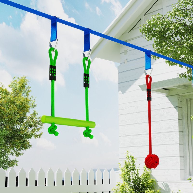 AIYAPLAY Zip Line Kit for Kids, 10-Piece Outdoor Obstacle Course for Kids, 10m Kids Slackline Kit with Monkey Bars, Swing, Climbing Ladder, Hanging Tray, Metal Rings, Gripping Balls, Multicoloured