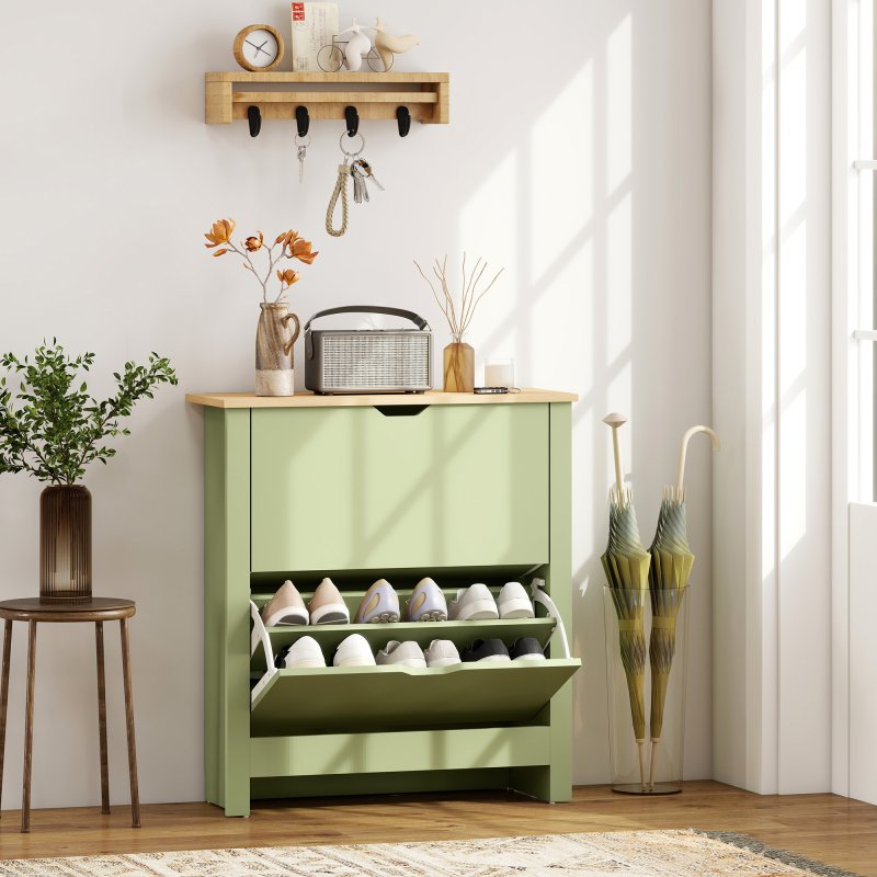 HOMCOM Narrow Shoe Cabinet, Space Saving Shoe Storage Cabinet with 2 Flip Drawers and Adjustable Shelves for 6-12 Pairs of Shoes for Hallways and Living Room, Green