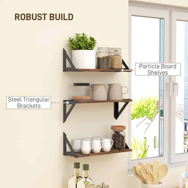 HOMCOM Set of 3 Wall Shelves, Vintage Wall Mounted Floating Shelves for Living Room, Entryway, Bedroom, Rustic Brown