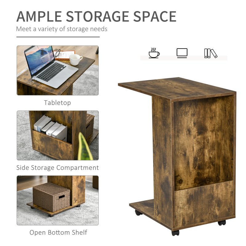 HOMCOM Mobile Sofa Side Table C-Shape End Table with Storage and Casters for Laptop Coffee Snack