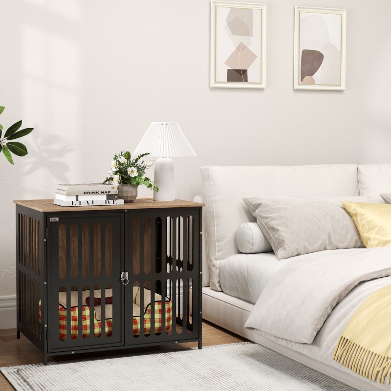 PawHut Dog Crate Furniture, Dog Cage Side End Table Indoor with Anti-Chew Resistant Mesh, Anti-Escape Door, for Medium Dogs, 80 x 55 x 72 cm, Walnut Brown