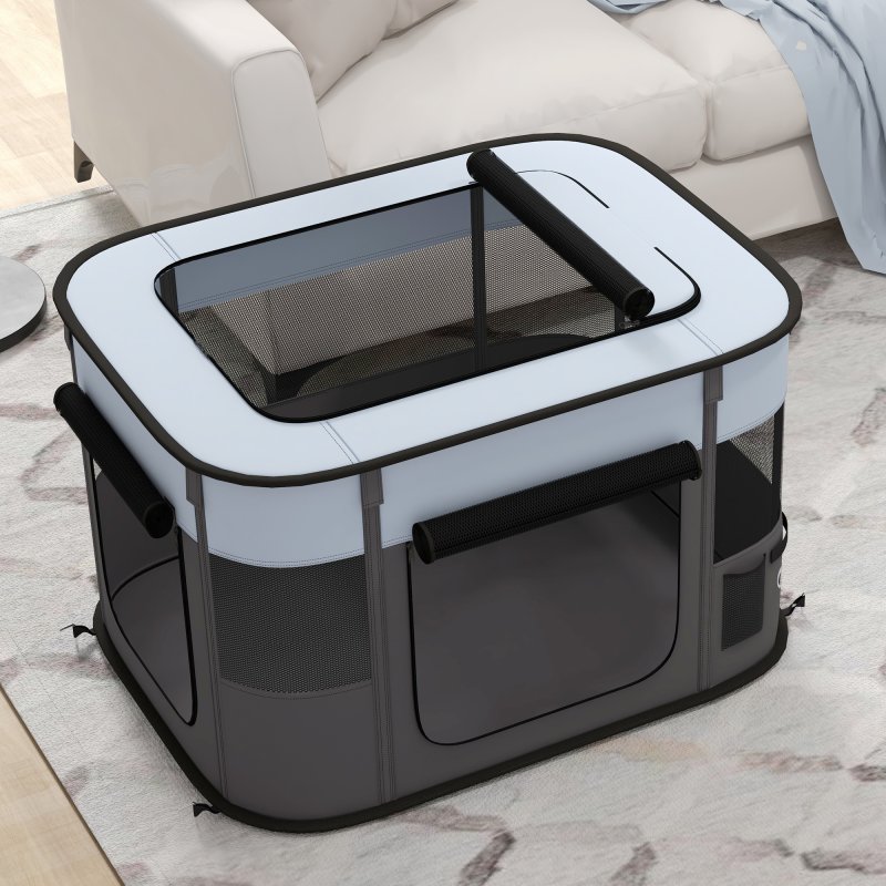 PawHut Dog Pen, Pet Playpen, Portable Foldable Dog Cat Playpen Soft Pet Cage with Storage Bag for Puppies, Rabbits, Kittens, Guinea Pigs, 84 x 64 x 53cm - Grey
