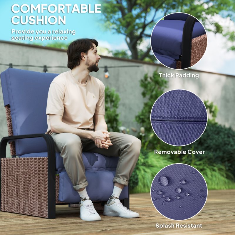 Outsunny Rattan Garden Recliner Chair, Reclining Rattan Chair with Adjustable Backrest and Footrest, Outdoor Lounge Sun Lounger with Cushion, Side Tray and Aluminium Armrests, Brown/Blue